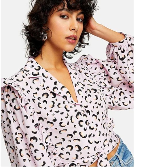 TOPSHOP Pink Animal Print Frill Tie Front Blouse Size 4 - Picture 13 of 13
